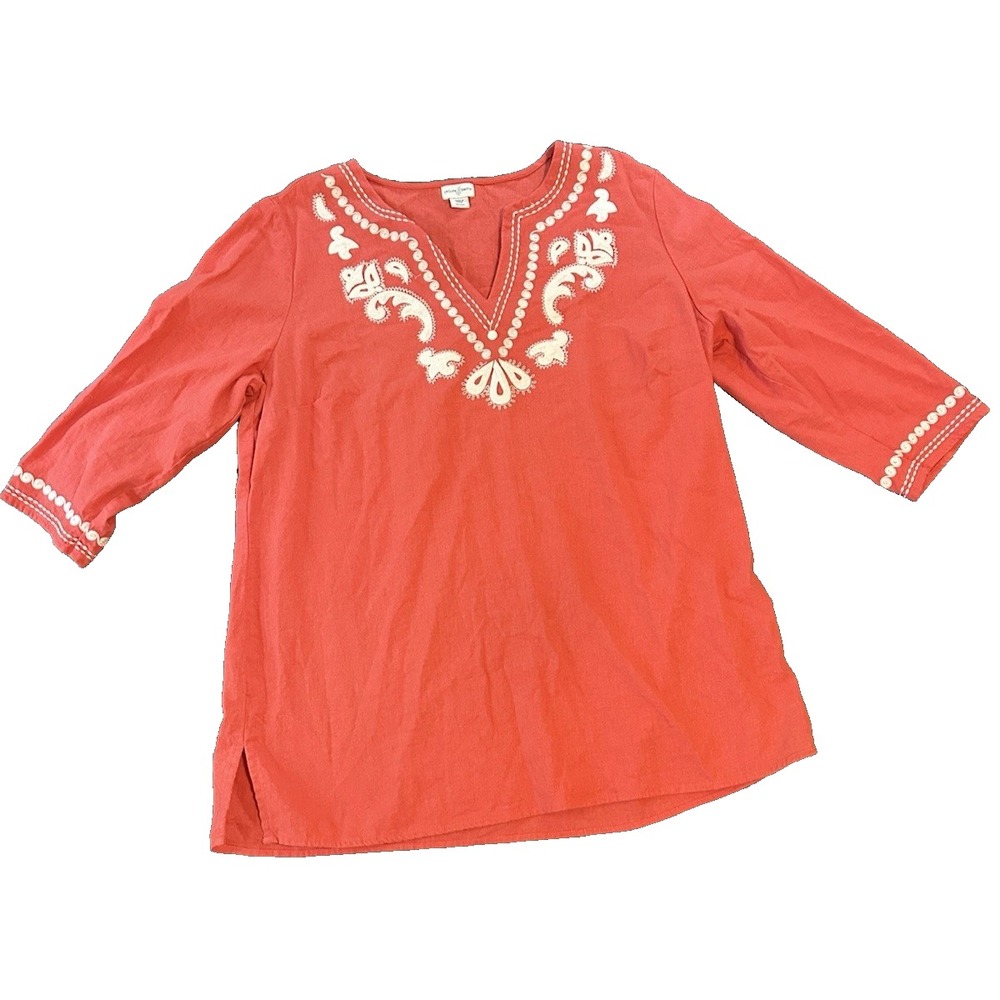 Jaclyn Smith Linen Blend Embroidered Boho Coral Womens Top XXL Tunic Folk Beach
